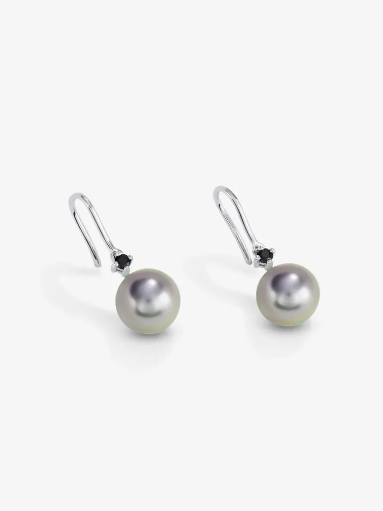 Pendientes de aro de plata 925 con 2 espinelas negras y 2 perlas de Tahití de 8,5mm