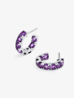 Pendientes de aro de plata 925 con 16 amatistas moradas en talla brillante con un total de 3,36 cts