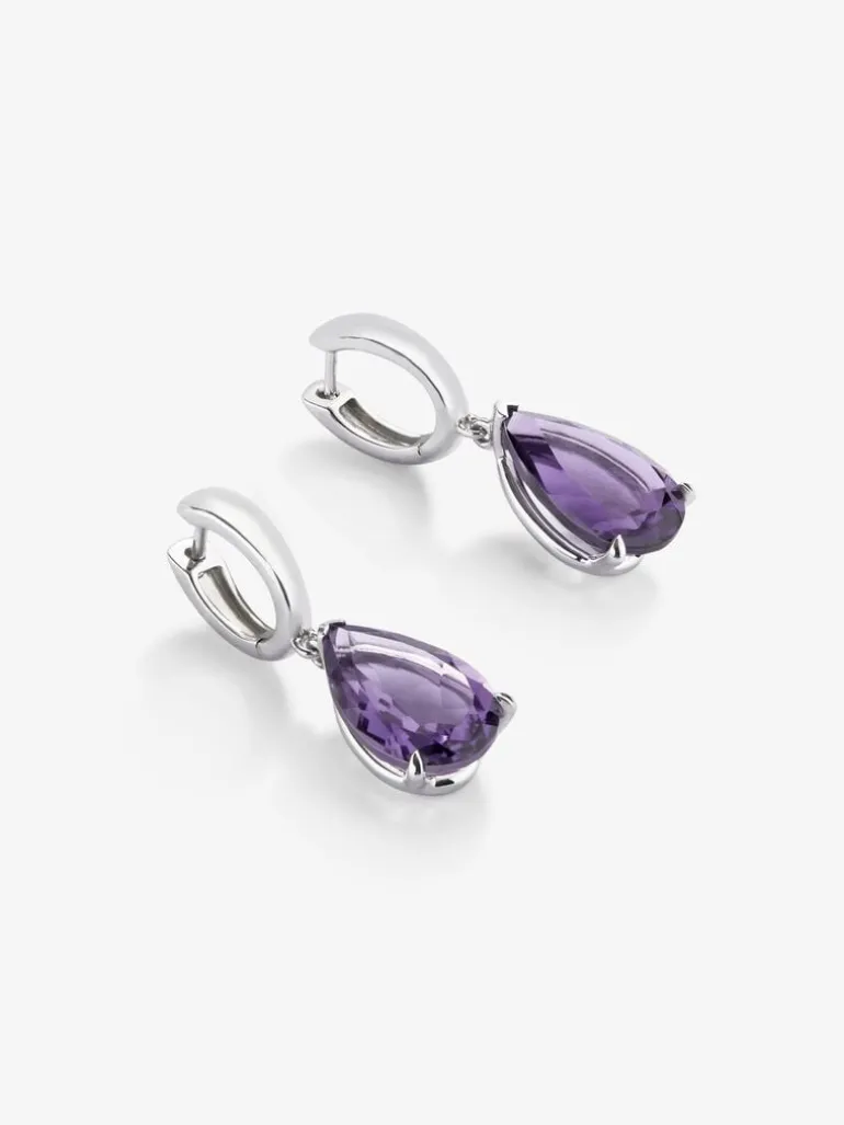 Pendientes de aro de plata 925 con 2 amatistas moradas en talla pera