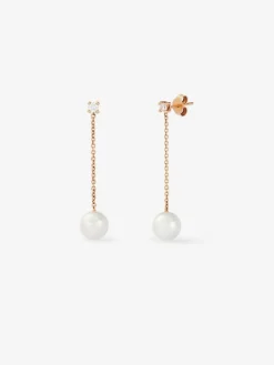 Pendientes de cadena de oro rosa de 18K con 2 diamantes en talla brillante con un total de 0,22 cts y 2 perlas 9mm