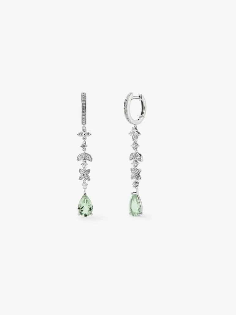 Pendientes de oro blanco de 18K con 64 diamantes en talla brillante con un total de 0,64 cts y 2 amatistas verdes en talla pera