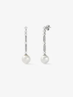 Pendientes de oro blanco de 18K con diamantes blancos en talla brillante de 1,1 cts y perlas australianas de 5mm