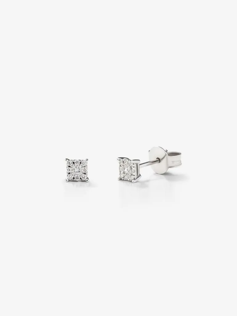Pendientes de oro blanco de 18K con 2 diamantes en talla princesa con un total de 0,1 cts