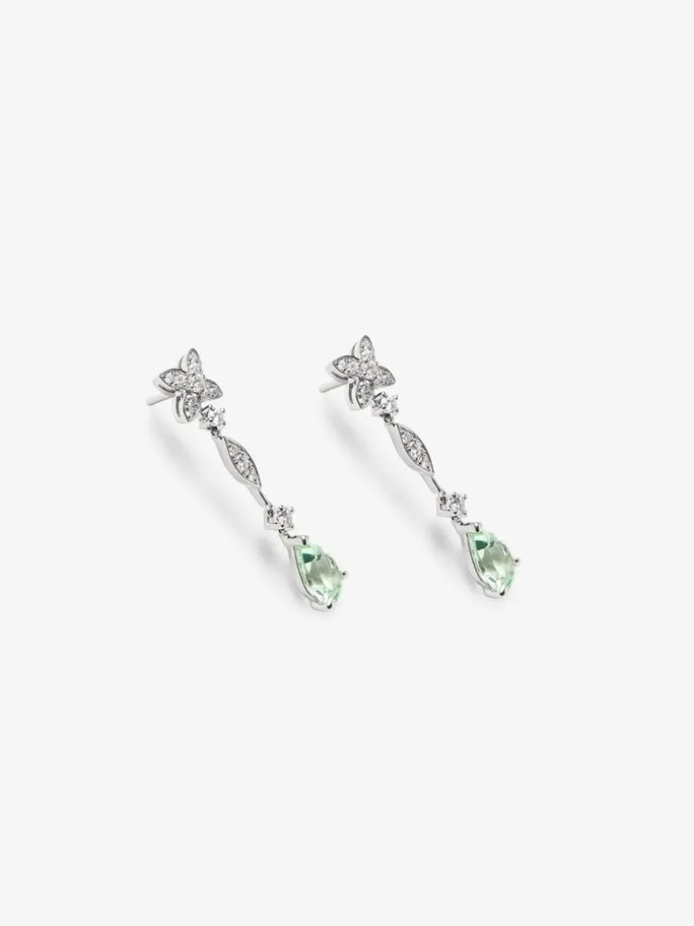 Pendientes de oro blanco de 18K con 30 diamantes en talla brillante con un total de 0,63 cts y 2 amatistas verdes en talla pera
