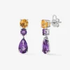 Pendientes de plata 925 con amatistas moradas en talla pera de 2,56 cts y en talla brillante de 0,42 cts, y cuarzos citrinos en talla brillante de 1,18 cts
