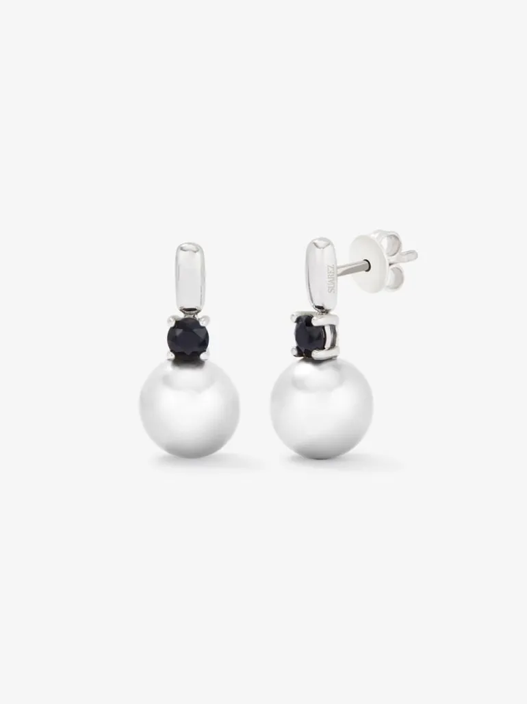Pendientes de plata 925 con 2 espinelas negras en talla brillante y perlas akoya de 8,5mm