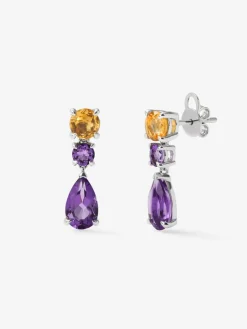 Pendientes de plata 925 con amatistas moradas en talla pera de 2,56 cts y en talla brillante de 0,42 cts, y cuarzos citrinos en talla brillante de 1,18 cts