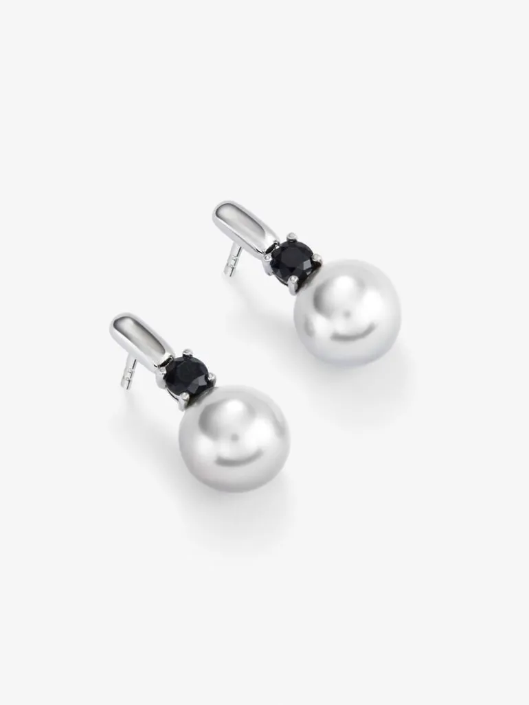 Pendientes de plata 925 con 2 espinelas negras en talla brillante y perlas akoya de 8,5mm