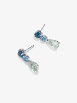 Pendientes de plata 925 con 2 topacios azul london, 2 topacios azul swiss y 2 amatistas verdes