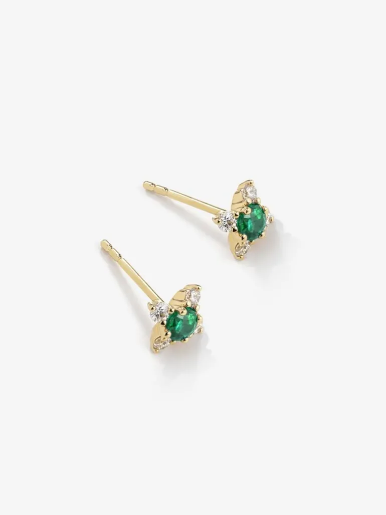 Pendientes flor de oro amarillo de 18K con esmeralda y diamantes