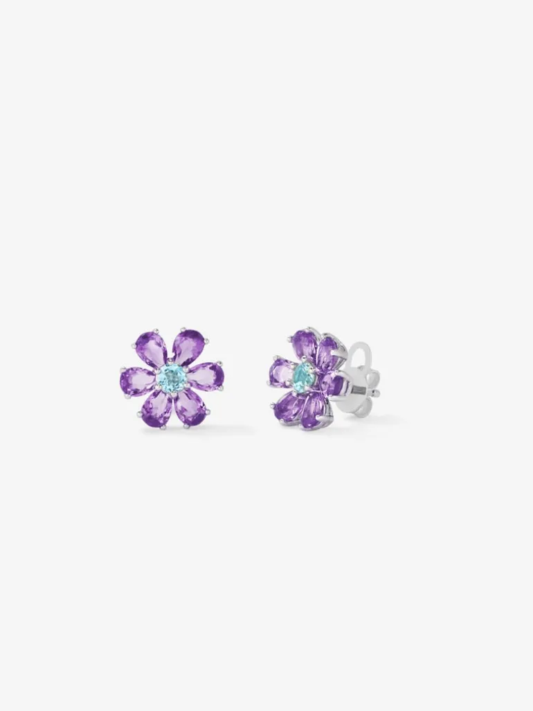 Pendientes flor de plata 925 con topacio y amatista
