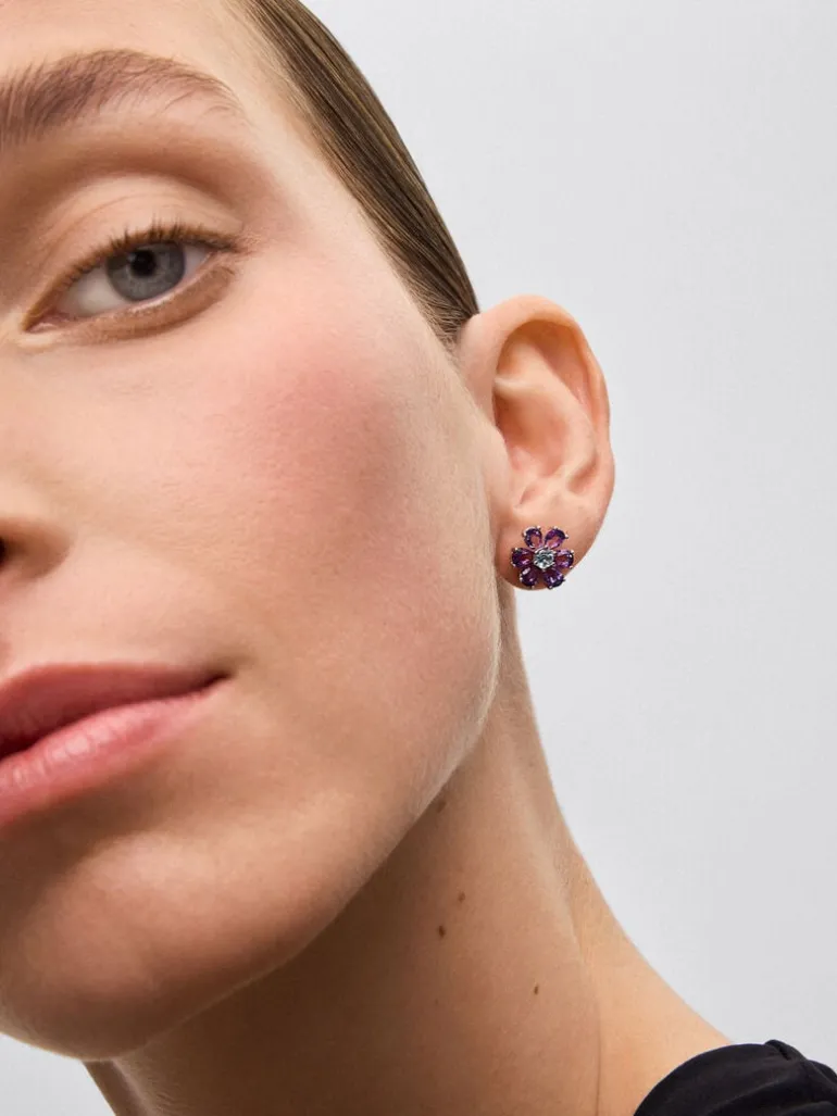 Pendientes flor de plata 925 con topacio y amatista