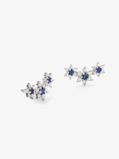 Pendientes trepadores de oro blanco de 18K con diamantes en talla brillante de 0,75 cts y zafiros azules en talla brillante de 0,61 cts