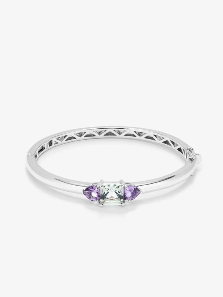 Pulsera de plata 925 con amatista verde en talla cushion de 2,47 cts y amatistas moradas en talla cushion de 1,6 cts