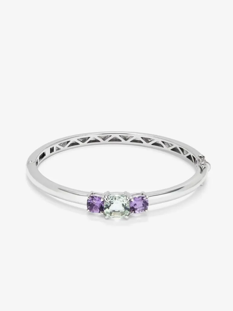 Pulsera de plata 925 con amatista verde en talla princesa de 2,19 cts y amatistas moradas en talla corazón de 1,6 cts