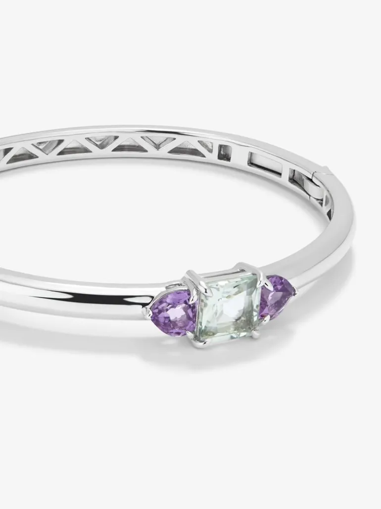 Pulsera de plata 925 con amatista verde en talla cushion de 2,47 cts y amatistas moradas en talla cushion de 1,6 cts