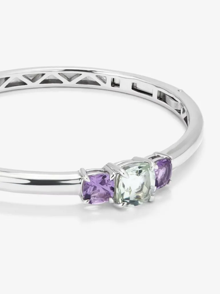 Pulsera de plata 925 con amatista verde en talla princesa de 2,19 cts y amatistas moradas en talla corazón de 1,6 cts
