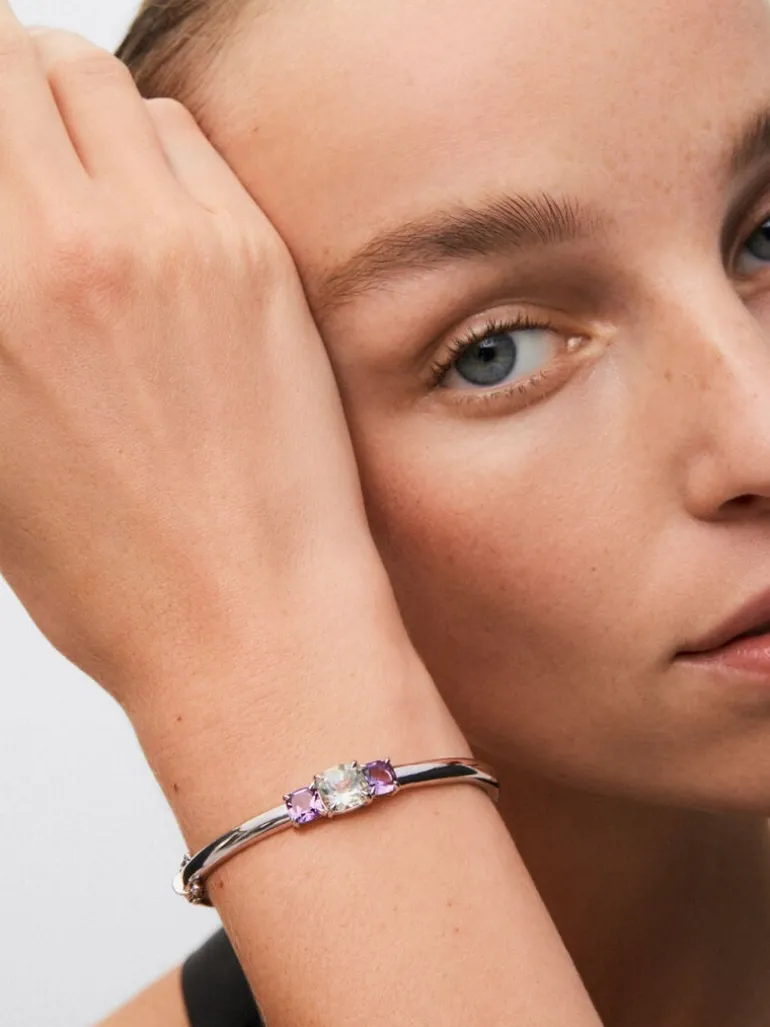 Pulsera de plata 925 con amatista verde en talla cushion de 2,47 cts y amatistas moradas en talla cushion de 1,6 cts