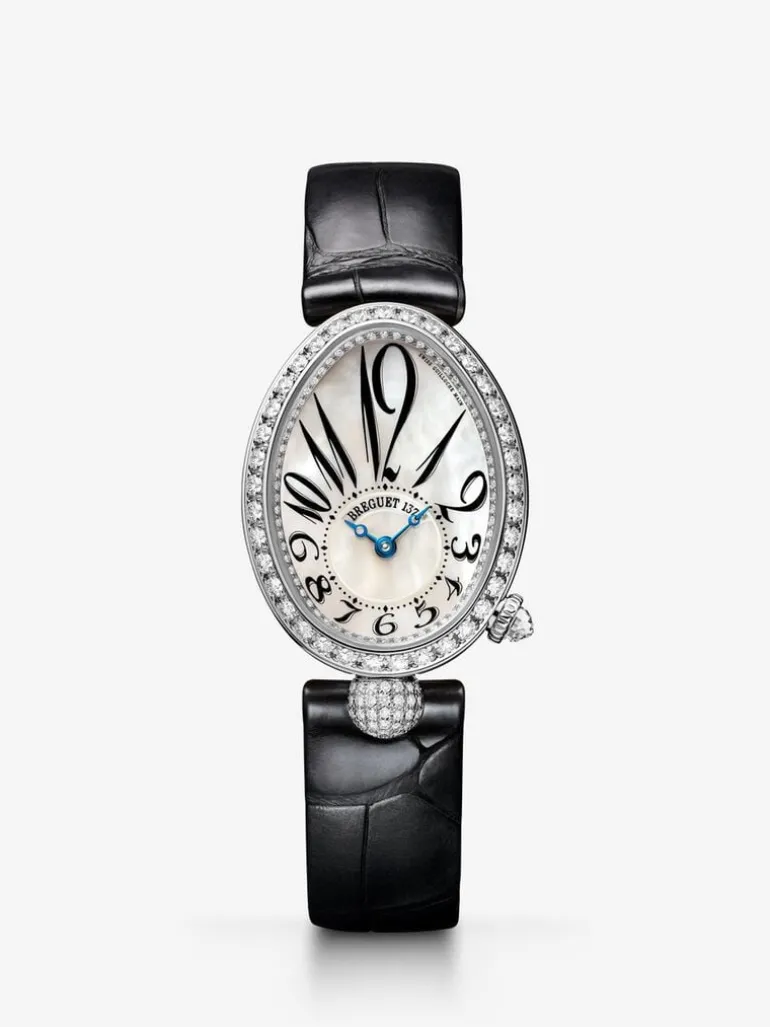Reloj Breguet Reine de Naples de oro blanco de 18K, nácar y diamantes, pulsera de piel, con cristal de zafiro y movimiento mecánico