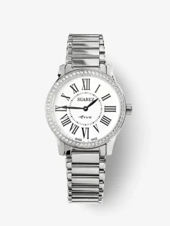 Reloj de acero inoxidable y diamantes blancos en talla brillante, con cristal de zafiro y movimiento de cuarzo