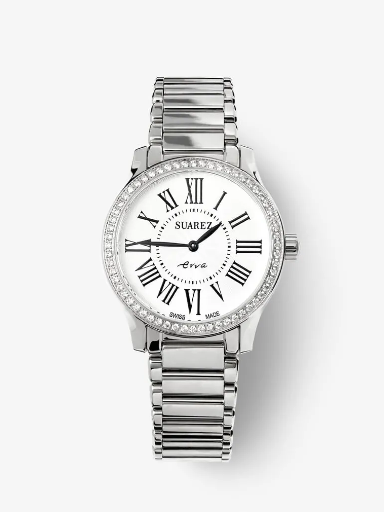 Reloj de acero inoxidable y diamantes blancos en talla brillante, con cristal de zafiro y movimiento de cuarzo