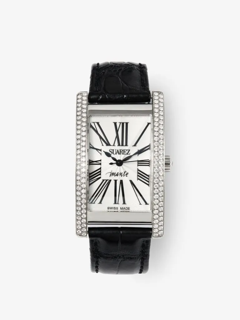 Reloj de acero inoxidable y pulsera de piel, con diamantes blancos en talla brillante, cristal de zafiro y movimiento de cuarzo