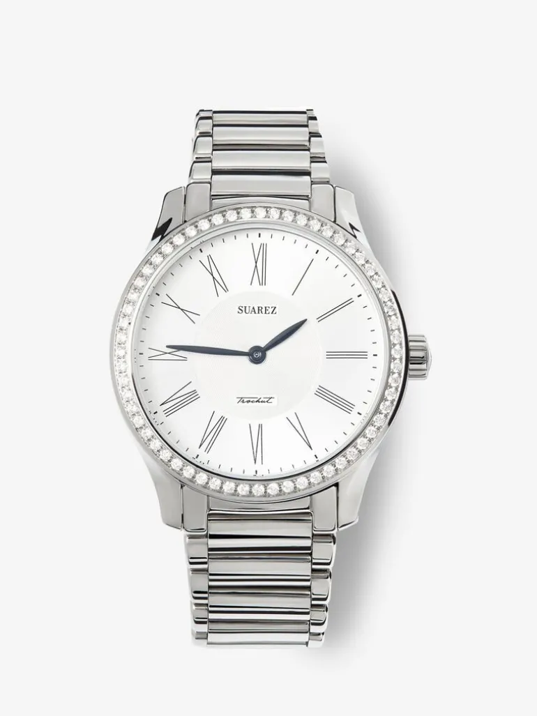 Reloj de acero inoxidable y diamantes blancos en talla brillante, con cristal de zafiro y movimiento de cuarzo