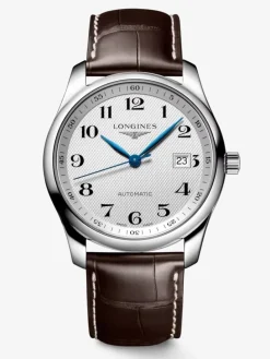 Reloj Longines Master de acero inoxidable con correa de piel de caimán marrón, cristal de zafiro y movimiento automático